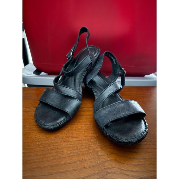 Born Iemza Black Leather Wedge Sandal Womens 8M F65603 - Picture 1 of 7
